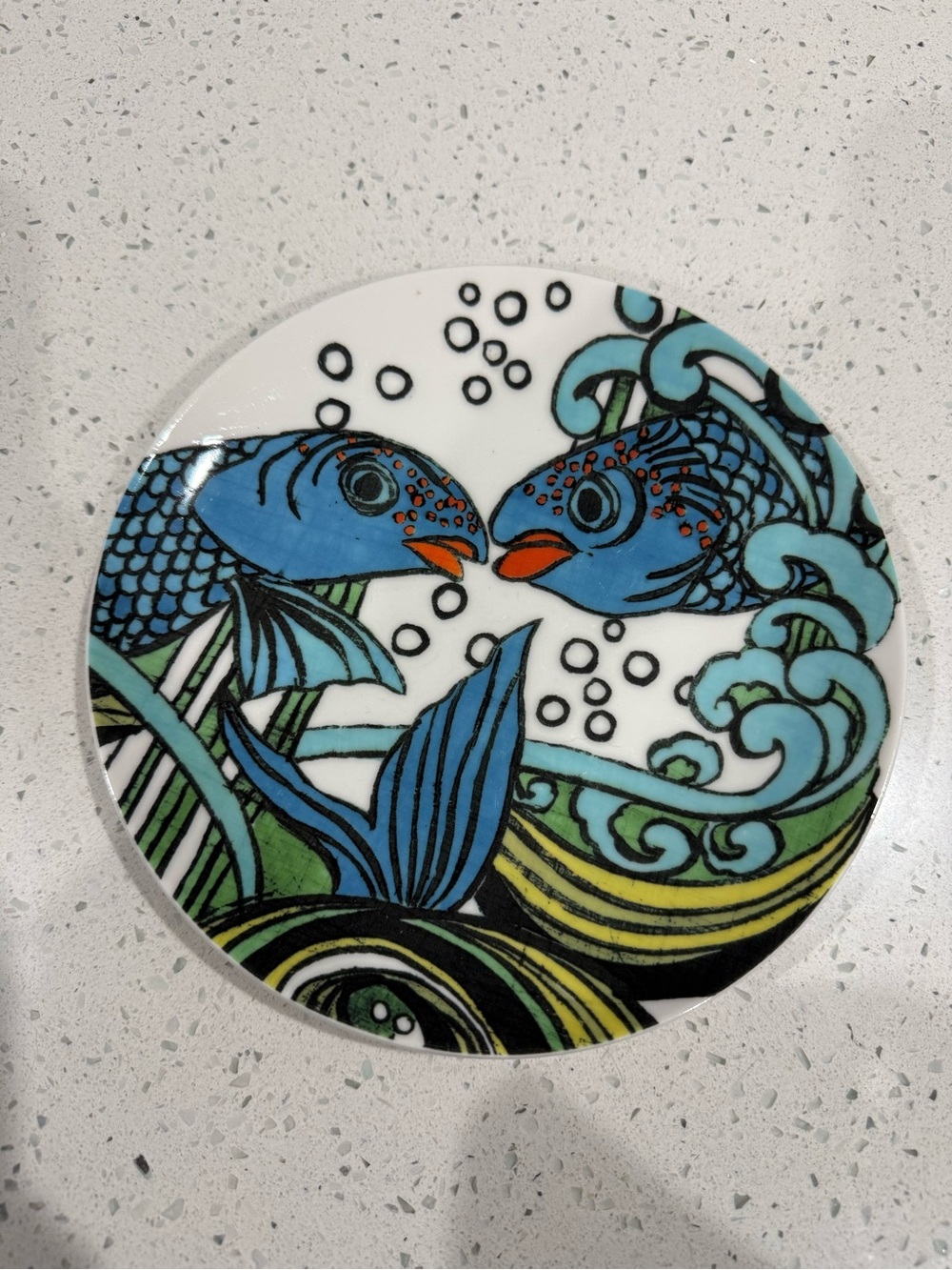 Anthropologie Blue Fish Ceramic Dinner Plate with Green and Yellow Accents